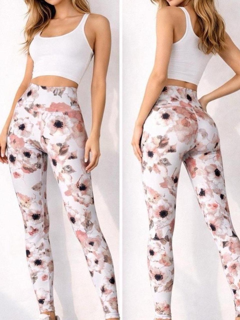 Apana White Floral High-Waist Leggings with Pink Accents
